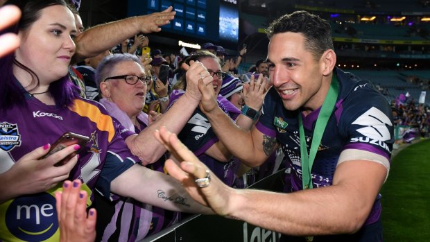 Fan favourite: Billy Slater laps it up with the travelling support.