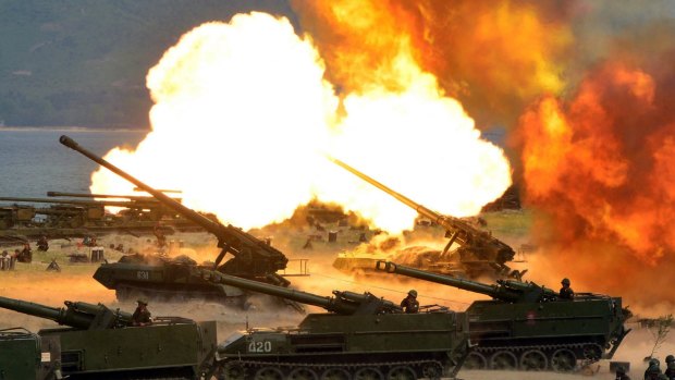 North Korean tanks take part in a live-fire drill on Wednesday.