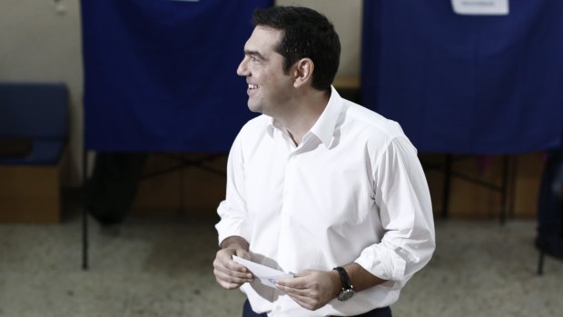 Alexis Tsipras, former Greek prime minister and leader of the Syriza party, at the polling booth on Sunday.