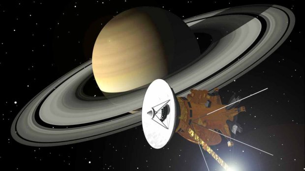An artist's rendition shows the Cassini spacecraft approaching the planet Saturn.