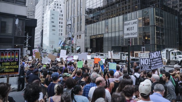 Hours ahead of President Donald Trump's return to his midtown Manhattan apartment for the first time since taking office, thousands of people took to the city streets to protest.