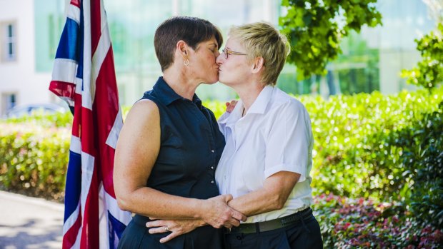 Jenny Seymour, left, and her wife Jeannette Walsh married at the British High Commission on September 26, 2014. 