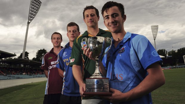 Representatives of the four Canberra district cricket clubs,
playing for the Twenty20 Cup finals series, at the Manuka Oval. From
left Brendan Duffy (WestsUC), George Munsey (North Canberra Gungahlin),
Michael Crilly (Weston Creek Molonglo) and Alex Page (Queanbeyan).