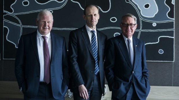 No suprises: ANZ CEO Shayne Elliott (centre) - with former CEO Mike Smith (left) and chairman David Gonski - gave an exclusive interview to the company's BlueNotes media arm.