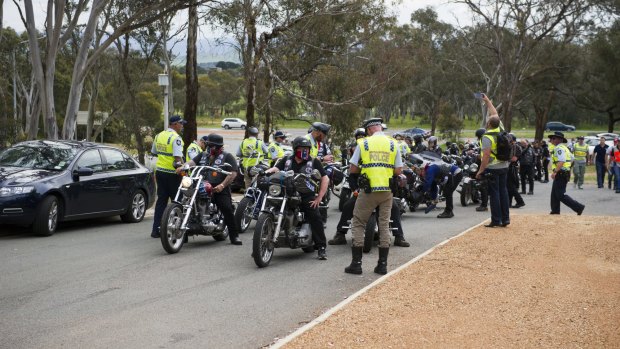 Rebels bikies are stopped by police at the intersection of Victoria Street and the Barton Highway at Hall in Canberra last October.