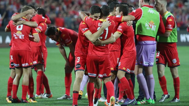 Champions: Adelaide United celebrate after beating the Wanderers 3-1.
