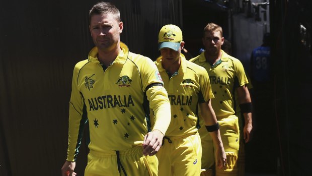 BBL-bound? Michael Clarke leads the team out for the weekend's World Cup match against New Zealand.