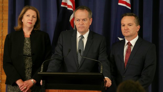 Labor health spokeswoman Catherine King, Opposition Leader Bill Shorten and shadow treasurer Chris Bowen on Tuesday.