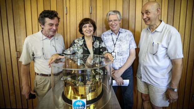 Leading CSIRO scientists who helped to develop some of the LIGO detection equipment (from left) Anatoli Chtanov and his wife Svetlana Dligatch, Wayne Stuart and Ron Bulla.