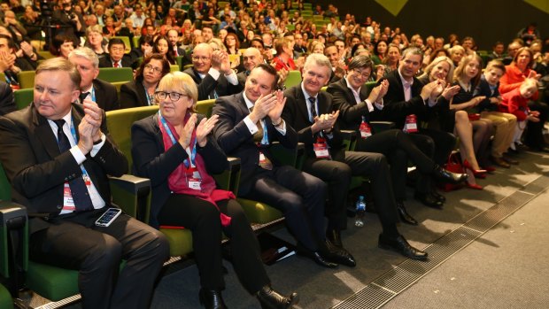 Anthony Albanese (left) with other Labor frontbenchers at the conference.