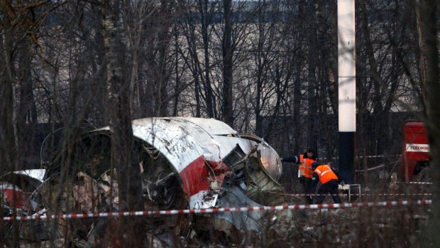 Authorities inspect the debris on the site of the plane crash that killed then-Polish President Lech Kaczynski, his wife and other prominent leaders near Smolensk on April 10, 2010.