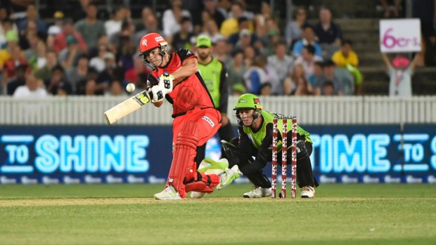 Jack Wildermuth of the Renegades bats during the Big Bash League clash with Sydney Thunder at Manuka Oval on January 24 this year.