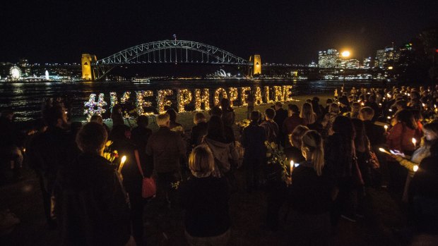  A vigil in Sydney ahead of the execution of Andrew Chan and Myran Sukumanra - and six others prisoners- in Indonesia. 