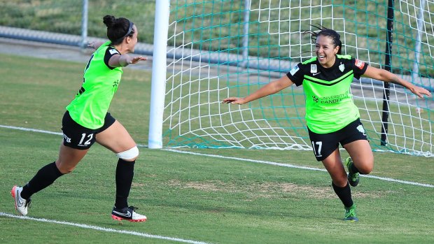 Veronica Perez, right, celebrates with Emma Kete after scoring her first goal in the W-League.