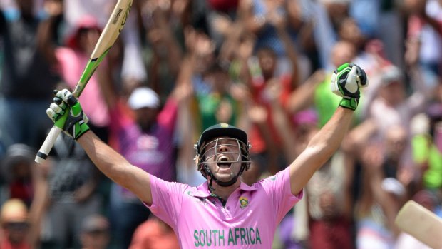 A.B. de Villiers celebrates after smashing the record for the fastest one-day century.