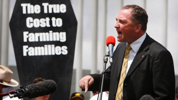 Senator Barnaby Joyce speaks to Australian farmers who marched to Parliament House in Canberra in a protest on January 4, 2010.