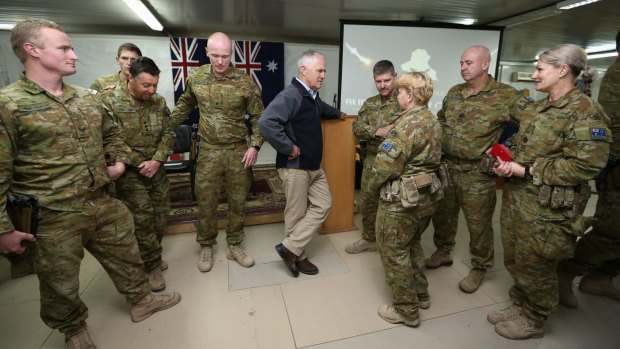 Prime Minister Malcolm Turnbull during his visit to Taji Military Complex to visit troops from Task Group Taji, on Saturday.