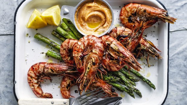Barbecued prawns and asparagus with lemon pepper mayonnaise.