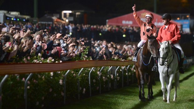 Black Caviar and Luke Nolen salute at Moonee Valley night races, 2013.