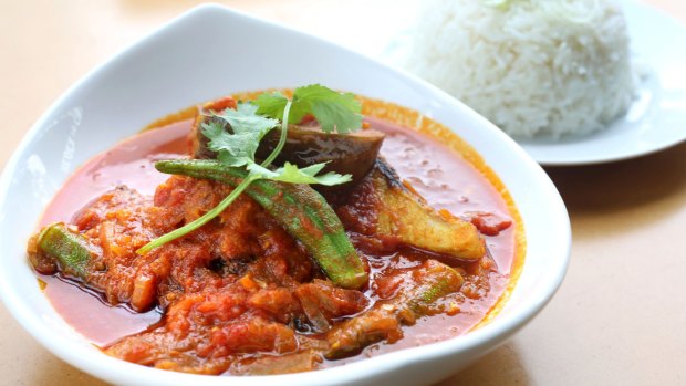 The stand-out fish curry with okra and baby eggplant.