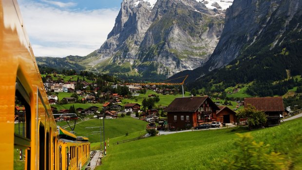 Jungfrau Bahn over Grindelwald Village, Switzerland.