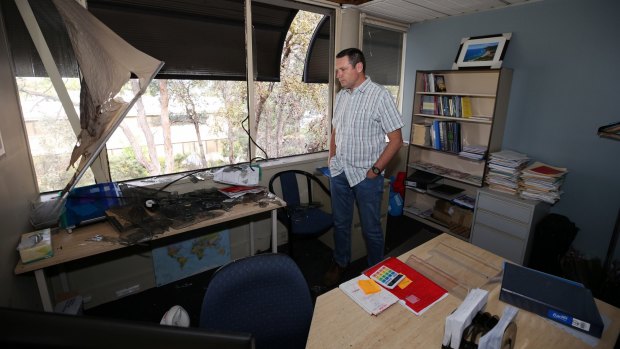 Lyle Shelton, managing director of the Australian Christian Lobby, in the office of his executive assistant after a van with gas bottles exploded outside its office in Canberra in December. 