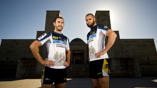 Nic White and Scott Fardy wear last year's ANZAC jersey.