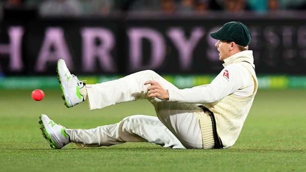 A disappointed Steve Smith after dropping Dawid Malan.