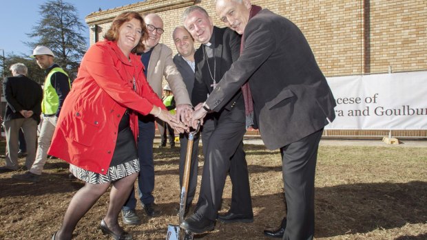 At the groundbreaking ceremony at Manuka, from left, archdiocesan financial administrator Helen Delahunty, architect Rodney Moss, project manager David Colbertaldo, Archbishop Christopher Prowse and Monsignor John Wood. 