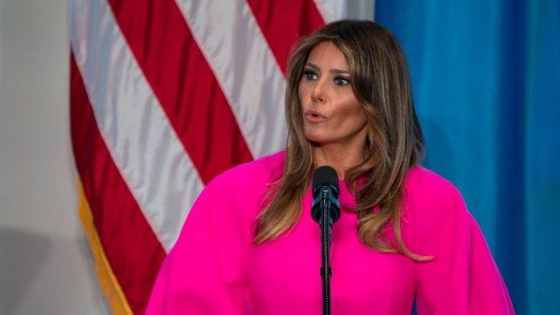 First lady Melania Trump addresses a luncheon at the US Mission to the United Nations in New York, Wednesday, September 20, 2017.