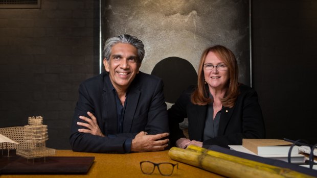 Architect Bijoy Jain and Melbourne businesswoman and philanthropist Naomi Milgrom with a model and materials for the third MPavilion.