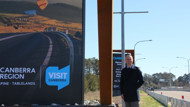 ACT Chief Minister Andrew Barr with the new Welcome to Canberra signs, which are located on Monaro Highway, Barton Highway, Federal Highway and Pialligo Avenue.