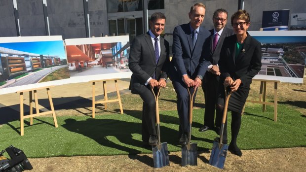  At the sod-turning ceremony are the general manager of Juris Partnership, David Lovell, left, Attorney-General Simon Corbell, Jayson Hinder MLA, and ACT Supreme Court Chief Justice Helen Murrell.
 
