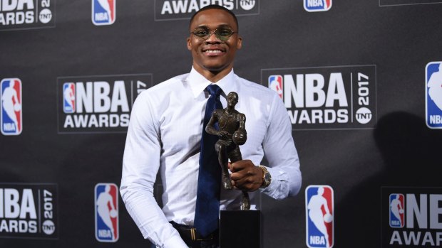 Kia NBA Most Valuable Player, Best Style & Game Winner Award winner, Russell Westbrook, poses in the press room at the 2017 NBA Awards. 