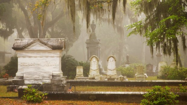 Tombstones in the fog at historic Bonaventure Cemetery in Savannah, Georgia.