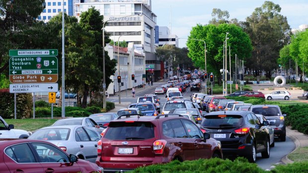 Heavy traffic on Canberra's Northbourne Avenue. 