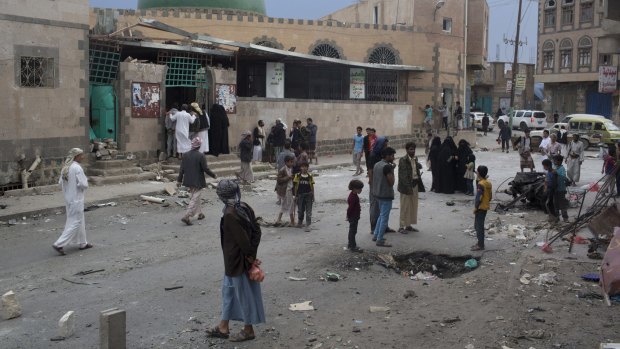 The scene after a suicide bomber attacked a mosque, killing at least 32 people, in Sanaa, Yemen, in September. 