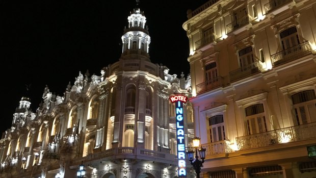 The bright lights of Havana's Hotel Inglaterra.