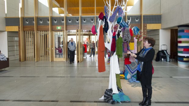 The installation of donated knitted garments at the gallery's Winter Festival.