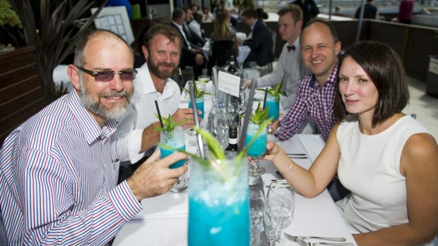 (L-R) John Reed, Pete Shaw, Paul Middleton and Lyndell Roberts of XACT enjoying the Blue themed Long Lunch for Asthma at the Kingston Foreshore.
