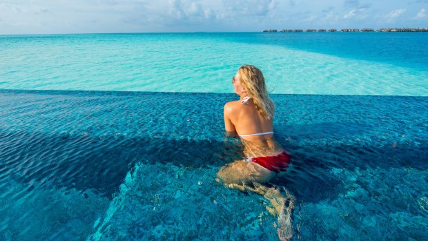 An infinity pool at the Conrad Hilton Resort, Rangali Island, Maldives.