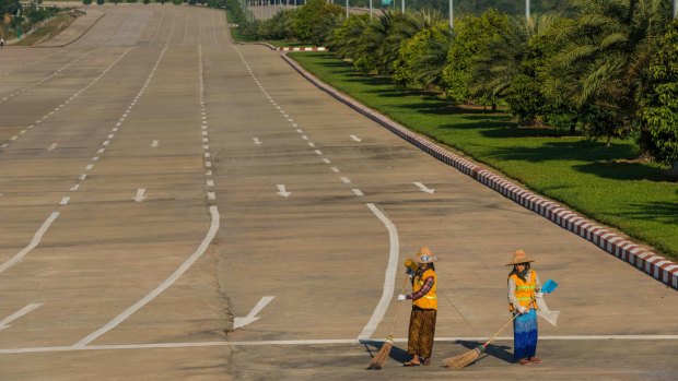 The only signs of life in Naypyidaw are the straw-hatted street sweepers.