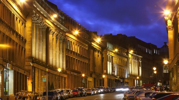 The illuminated Georgian architecture of Newcastle's Grey Street.