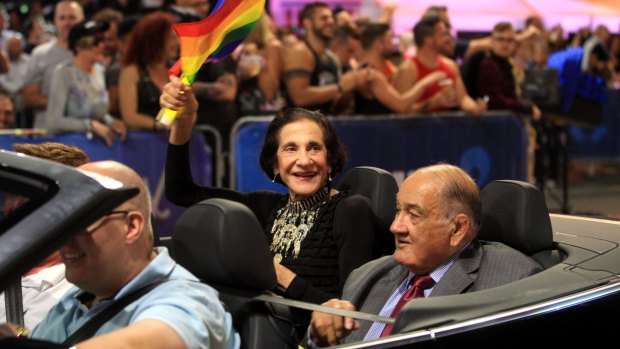 Former NSW Governor Marie Bashir and Sir Nick Shehadie during the Mardi Gras parade, 2015.