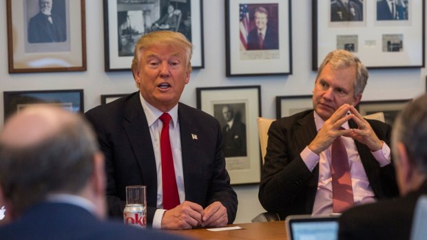 President-elect Donald Trump held meeting with Arthur Sulzberger Jr., right, publisher of the <i>New York Times</i>, along with reporters, editors and columnists from the paper.