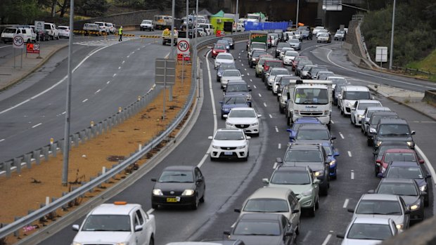 Heavy traffic on Parkes Way, days after a truck crashed into the tunnel near Acton.