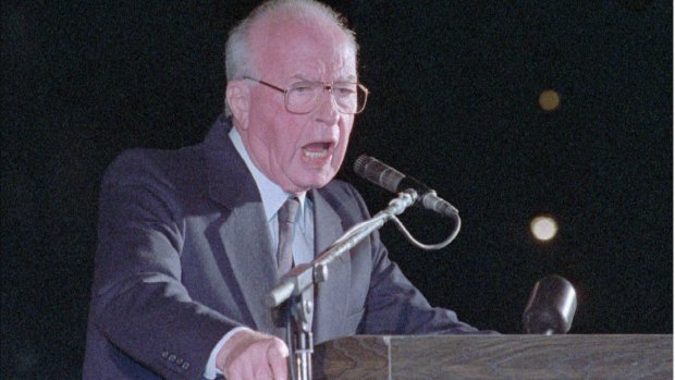 Israeli prime minister Yitzhak Rabin delivers what turned out to be his final speech to a peace rally of more than 100,000 Israelis in the Tel Aviv square that now bears his name on November 4, 1995. He was fatally shot only minutes later.