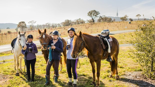 Horse yard opening at the National Arboretum so riders can stop for a coffee and leave their horses to relax. (From left)  Nikki Roach with Sparky, Cathy Banwell with Tali, and Maxine McArthur with Indy.