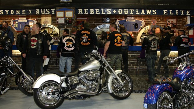 Members of several of the bikers clubs in NSW gather at the Rebels' national headquarters for the United Motorcycle Council meeting, Leppington, in 2009.