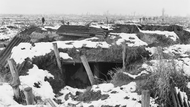 The view across no man's land in November 1919 from the remains of a German pillbox that formed part of the  Sugar Loaf defences. Machine-gun fire from this salient ripped into the Australian 5th and British 61st divisions in 1916.